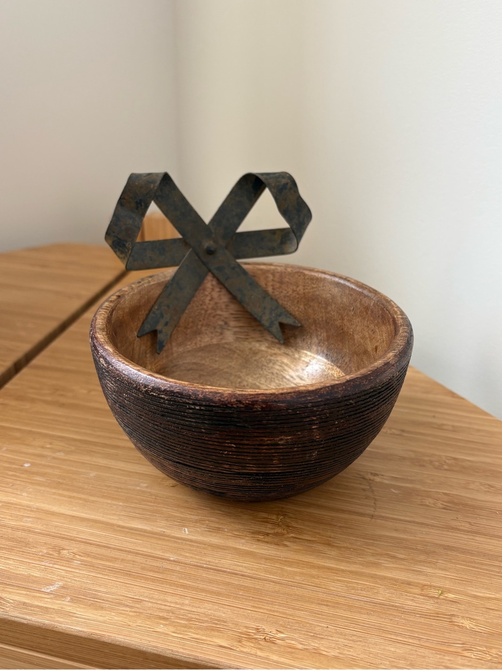 Textured Wooden Bowl Trinket Dish with Metal Bow Accent - 5” x 4.25”
